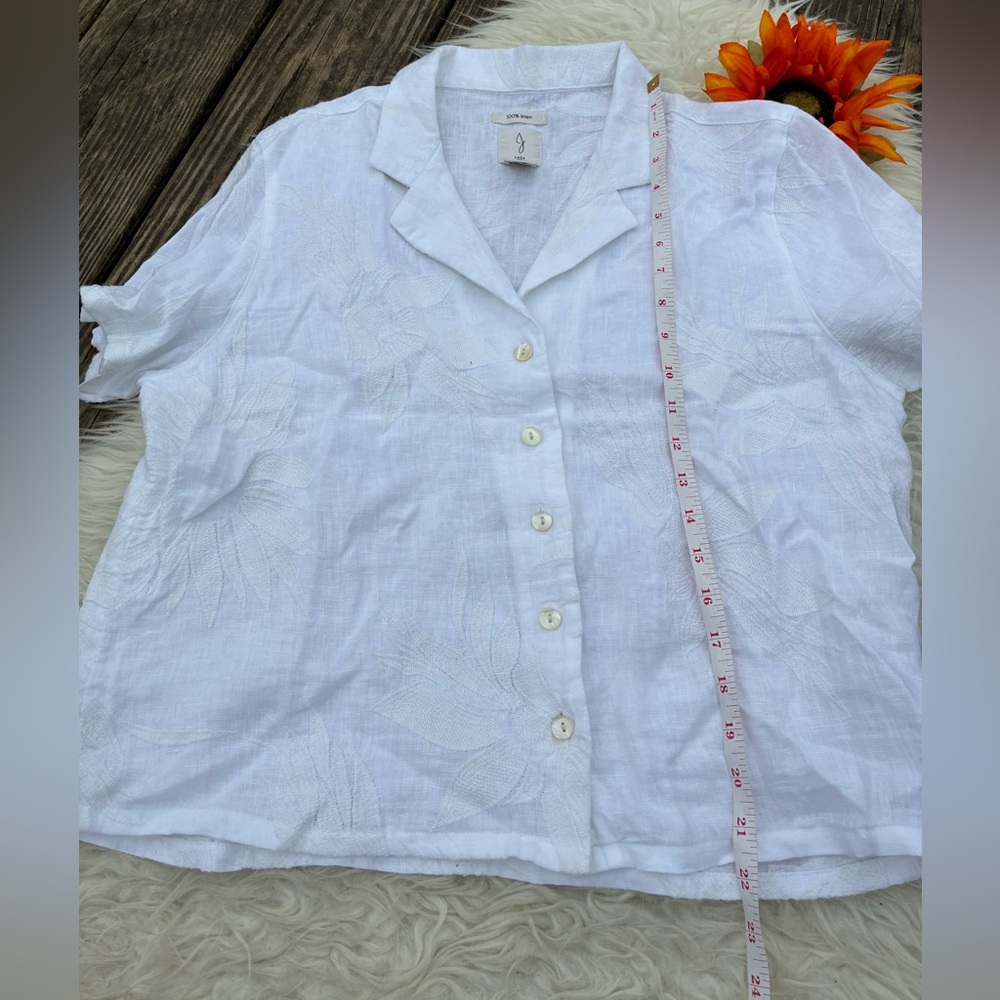 Joie White 💯 linen Set - Soft Button-Front Top & Elastic Waist Wide Leg Pants - Picture 2 of 16